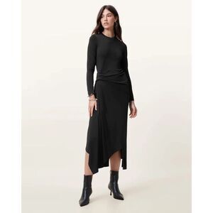 NEW, ALLSAINTS RIVI DRAPED LONG SLEEVE MIDI DRESS IN BLACK SIZE 8 US